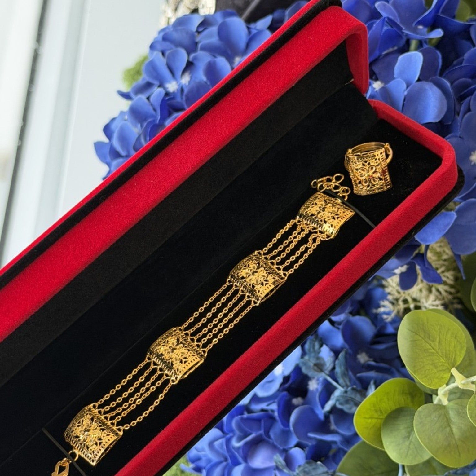 New Trend 925 Sterling Silver 21K Gold-Plated Ring & Bracelet Set | Elegant Arabic Style Jewelry