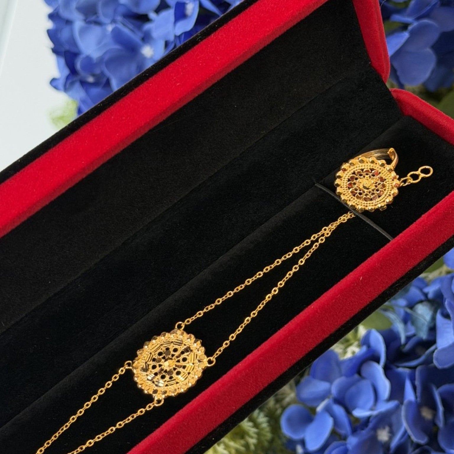 925 Sterling Silver 21K Gold-Plated Ring & Bracelet Set | Elegant Arabic Style Jewelry