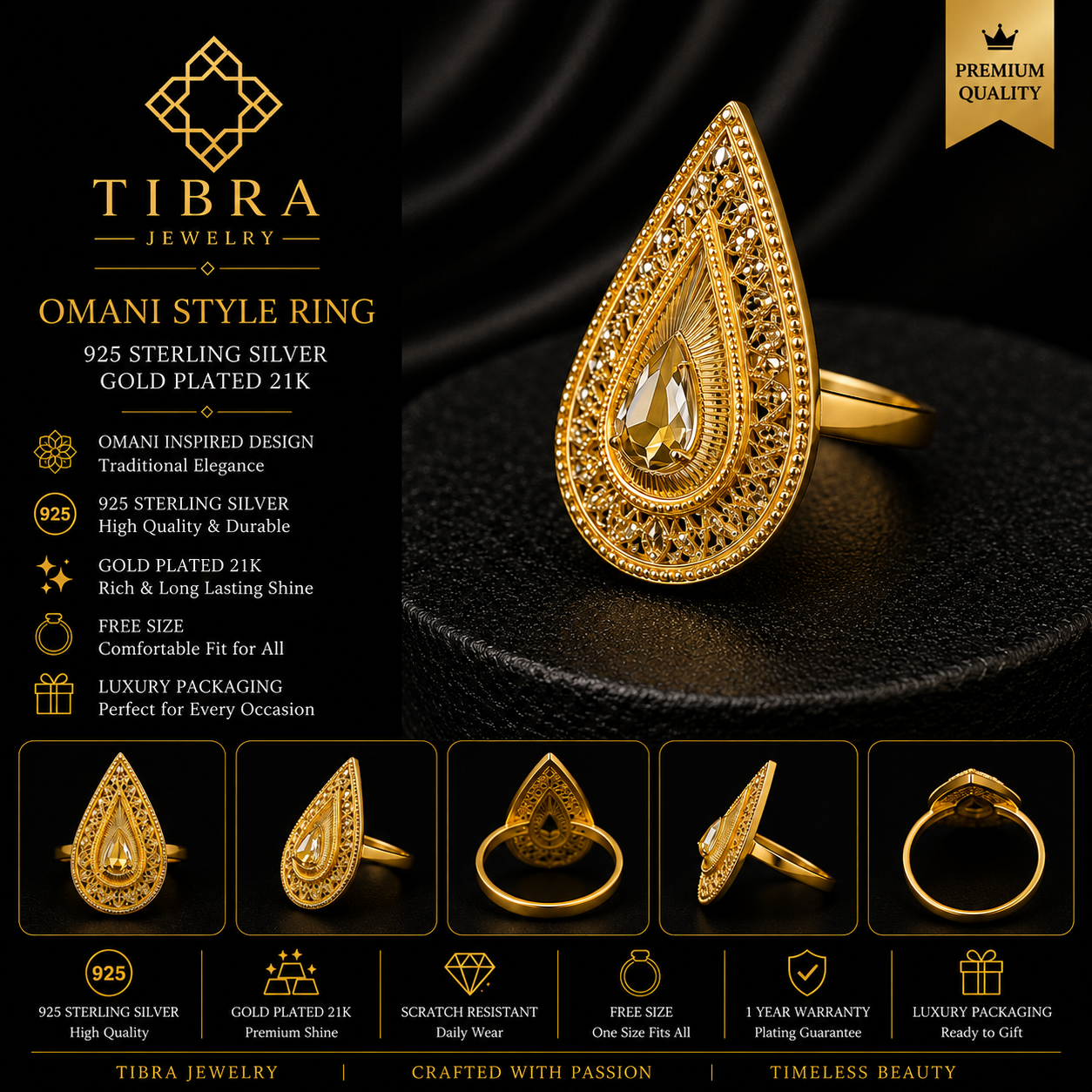 925 Sterling Silver Omani Style Ring – 21K Gold Plated | Free Size