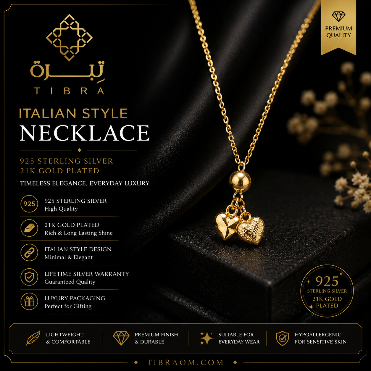 925 Sterling Silver Italian Style Necklace – 21K Gold Plated | Heart Charm Necklace